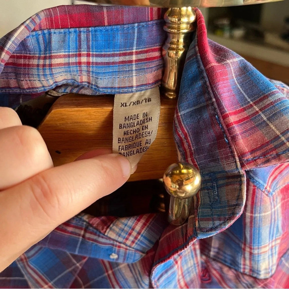 WRANGLER ~ Boy’s Red White Blue Plaid Western Pearl Snap Long Sleeve Button Down - Picture 4 of 8